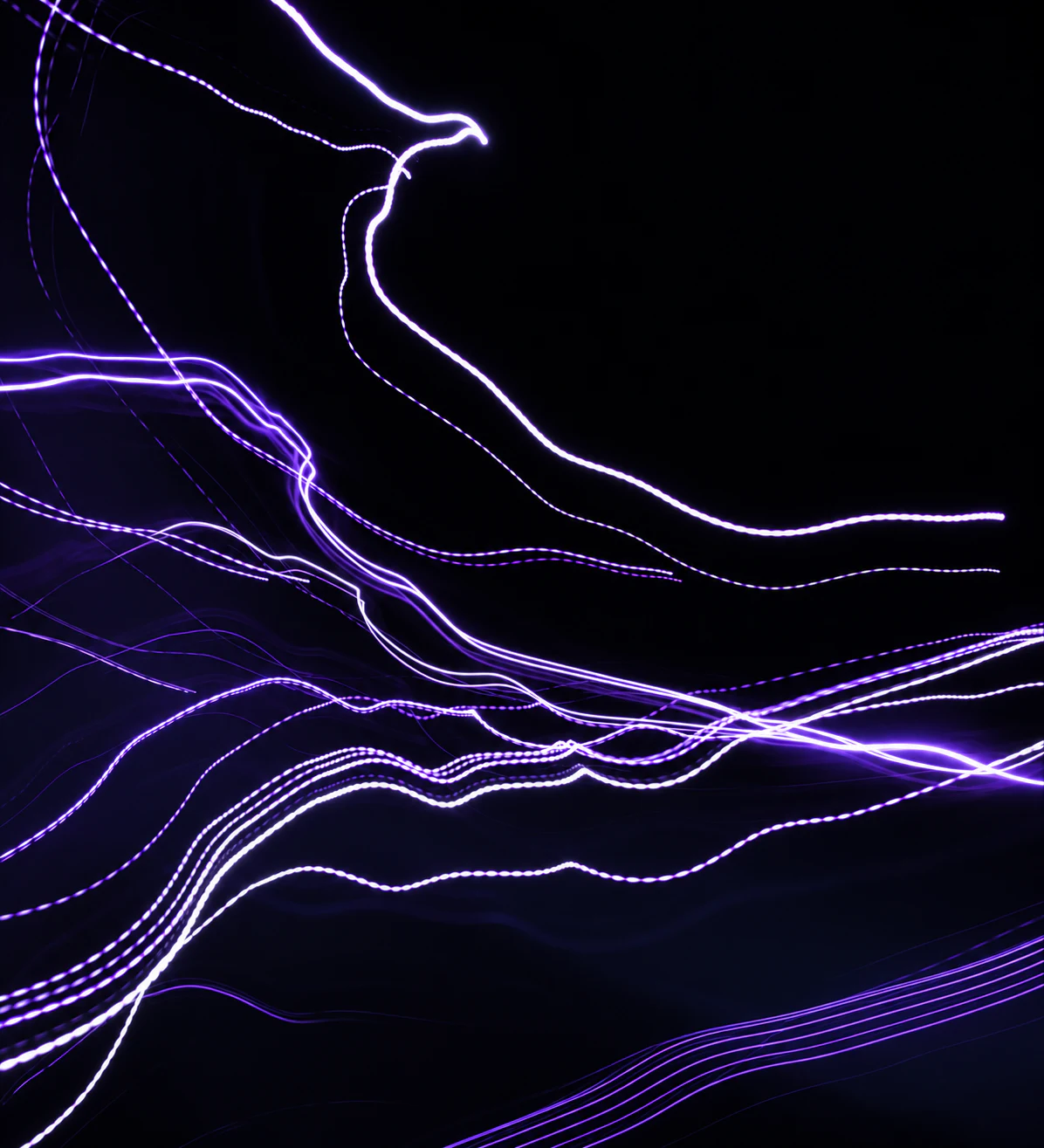 Abstract violet and white light trails crossing a dark background.