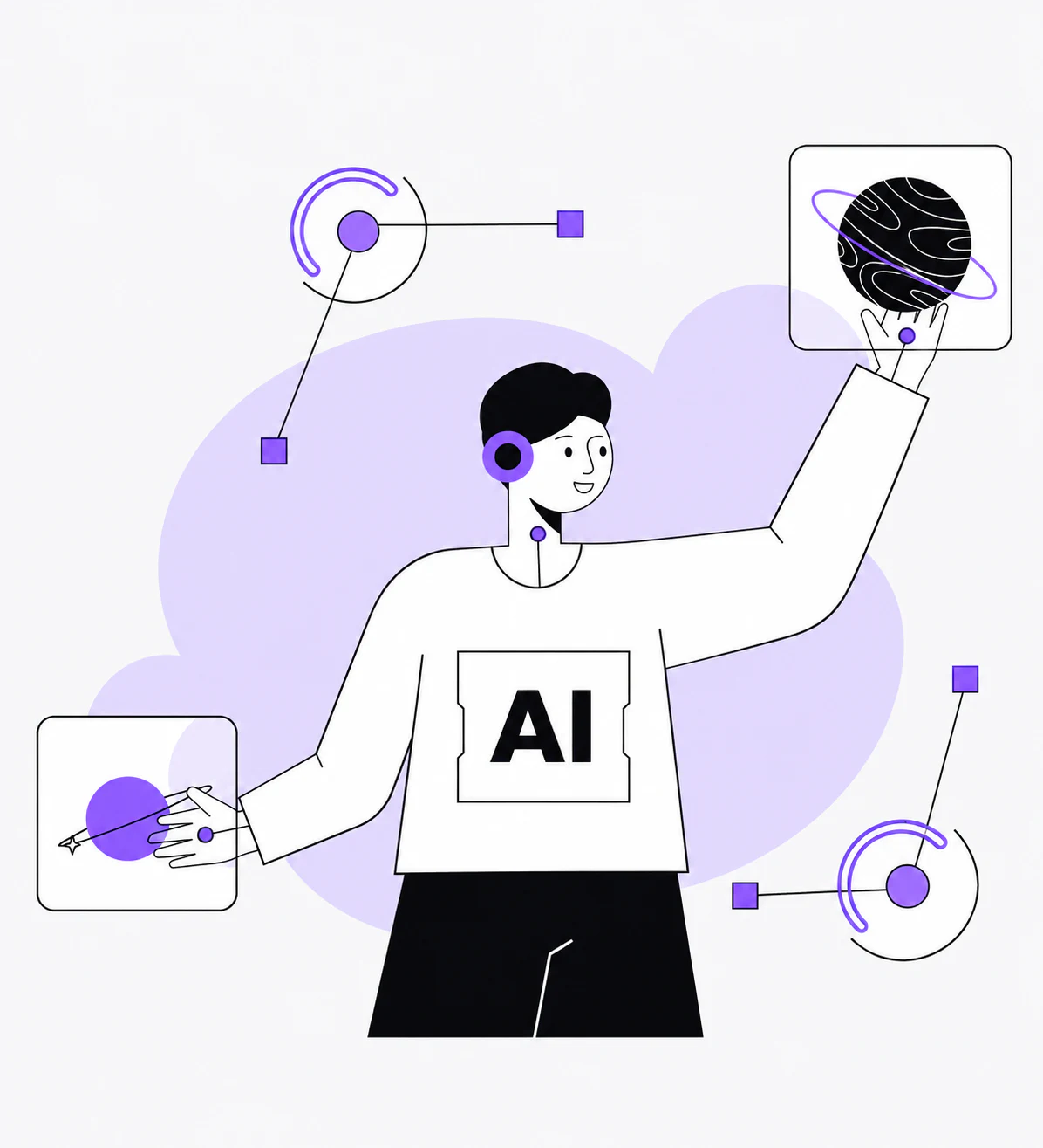 Illustration of a person directing connected AI tools and decisions within a controlled system.