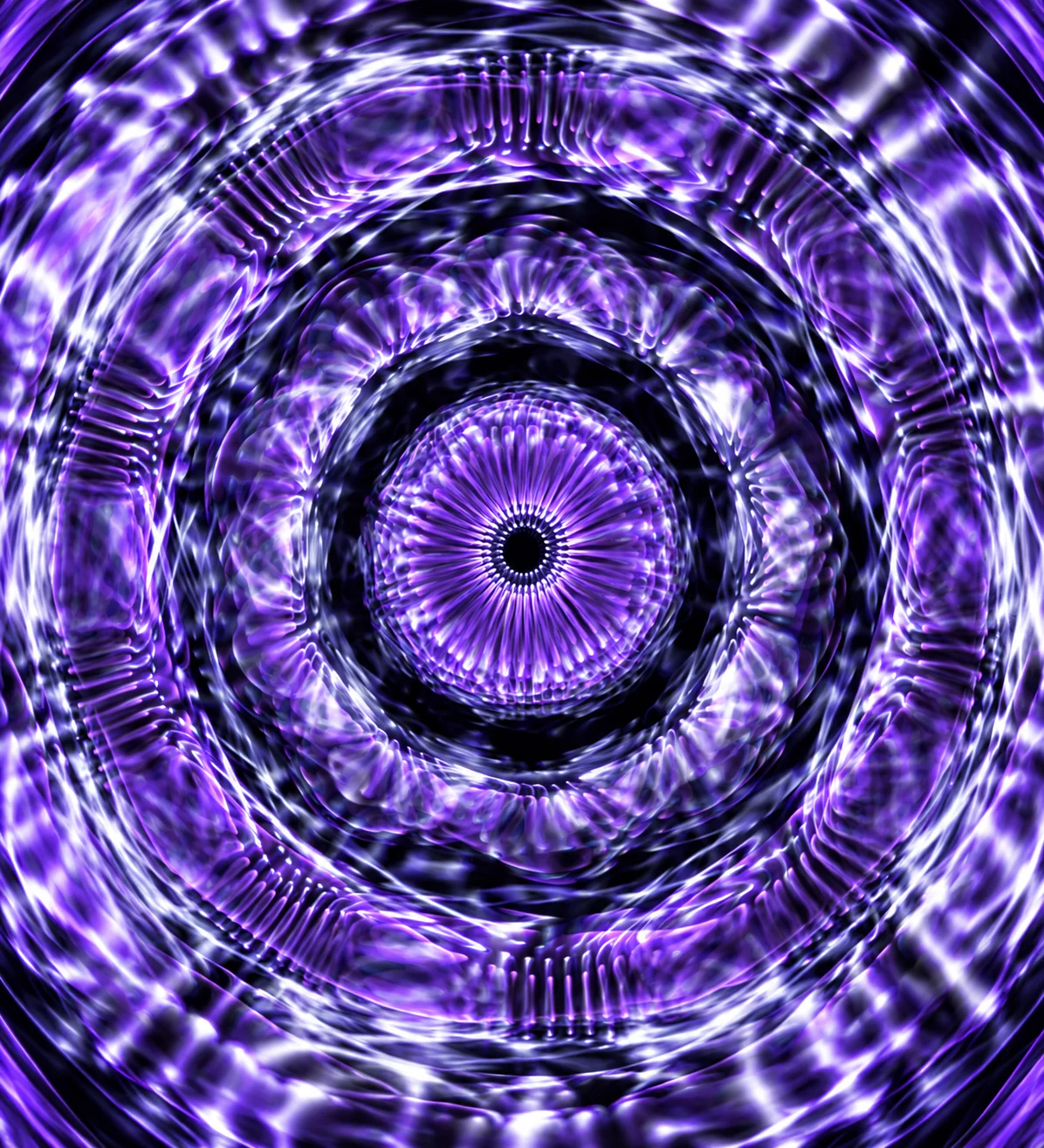 Concentric violet and white glass-like forms radiating from a dark central point.